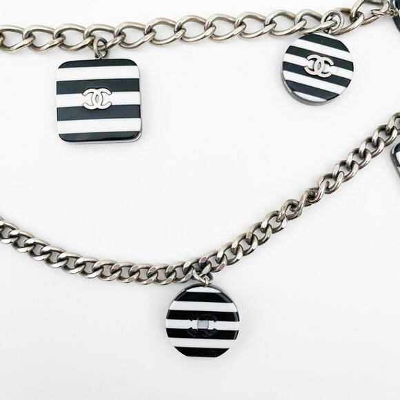 CHANEL 2005 CC Chain Belt Necklace Black and White Stripe Resin Charms Logo - Picture 12 of 16